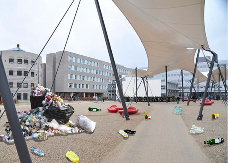 A collage showing trash heaps on the university campus.