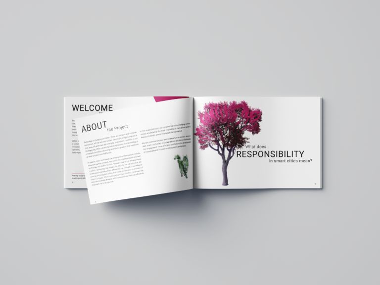 an open magazine spread depicting a tree and text about responsible design